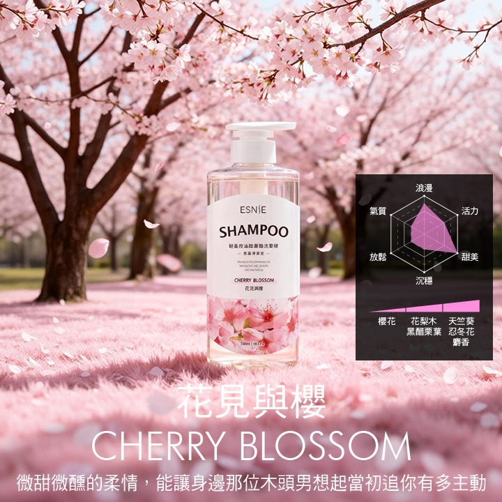 【ESNIE 伊絲妮】蓬鬆豐盈控油淨屑胺基酸洗髮精580ml｜控油蓬鬆・淨屑舒爽・柔順髮絲(小蒼蘭/牡丹/茉莉/櫻花)-細節圖5