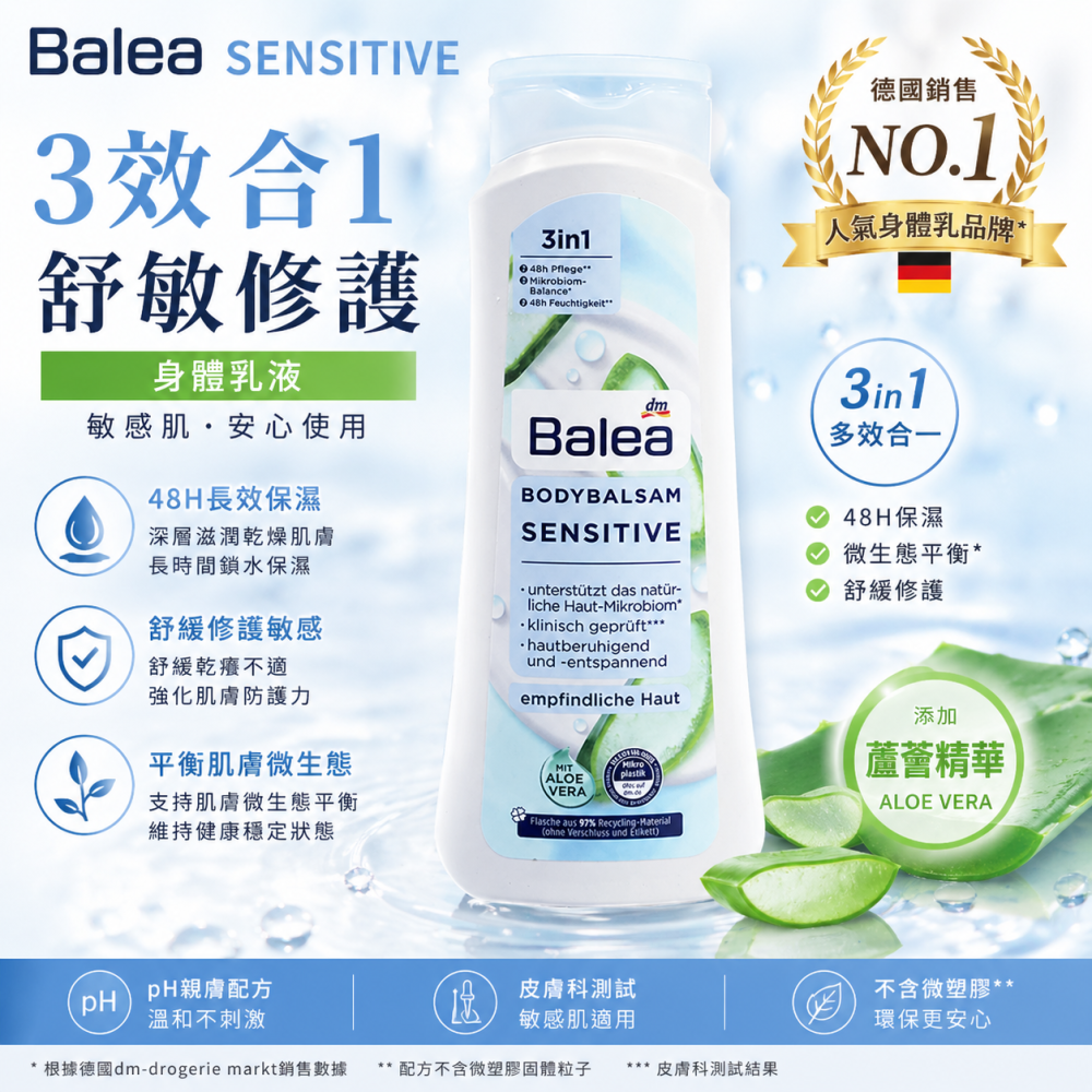 【德國DM balea】 三合一蘆薈保濕身體乳液400ml(改善乾燥/柔潤肌膚/保濕護膚)-細節圖2