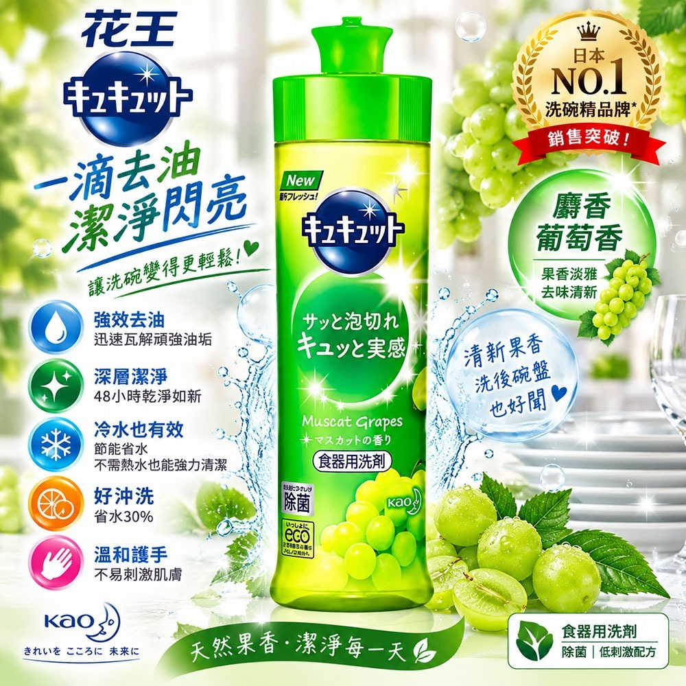 日本【KAO花王Cucute】超濃縮高效去油洗碗精 洗碗凝露240ML( 柑橘香/葡萄香/檸檬香)洗碗精 高洗淨 去油汙-細節圖3