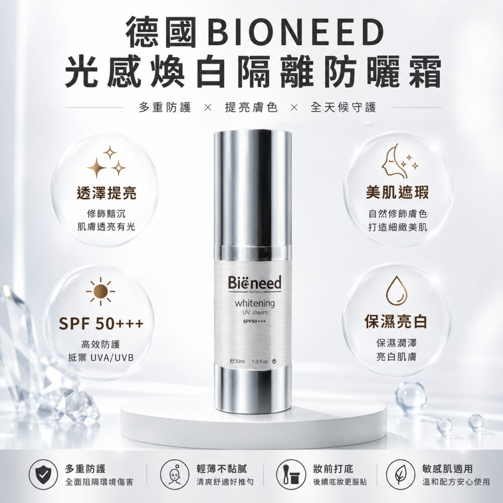 【德國BIONEED】光感亮白防曬霜/素顏霜/粧前乳/粉底液30ml ｜素顏霜｜妝前乳｜粉底液｜自然遮瑕｜提亮膚色｜-細節圖2