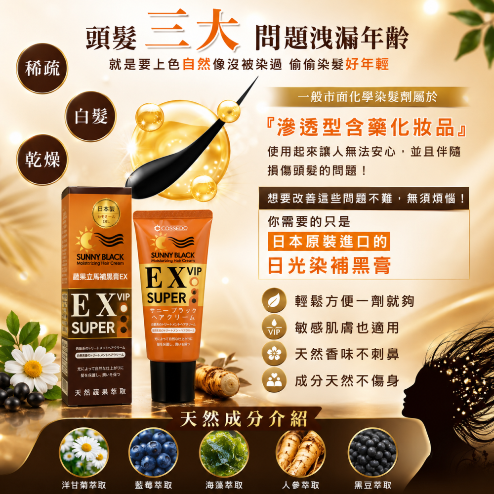 日本製【Cossedo蔻絲朵】新升級蔬果立馬補黑膏75g 日光染 太陽室內光線皆可 一瓶搞定 白髮銀髮 染髮膏-細節圖4