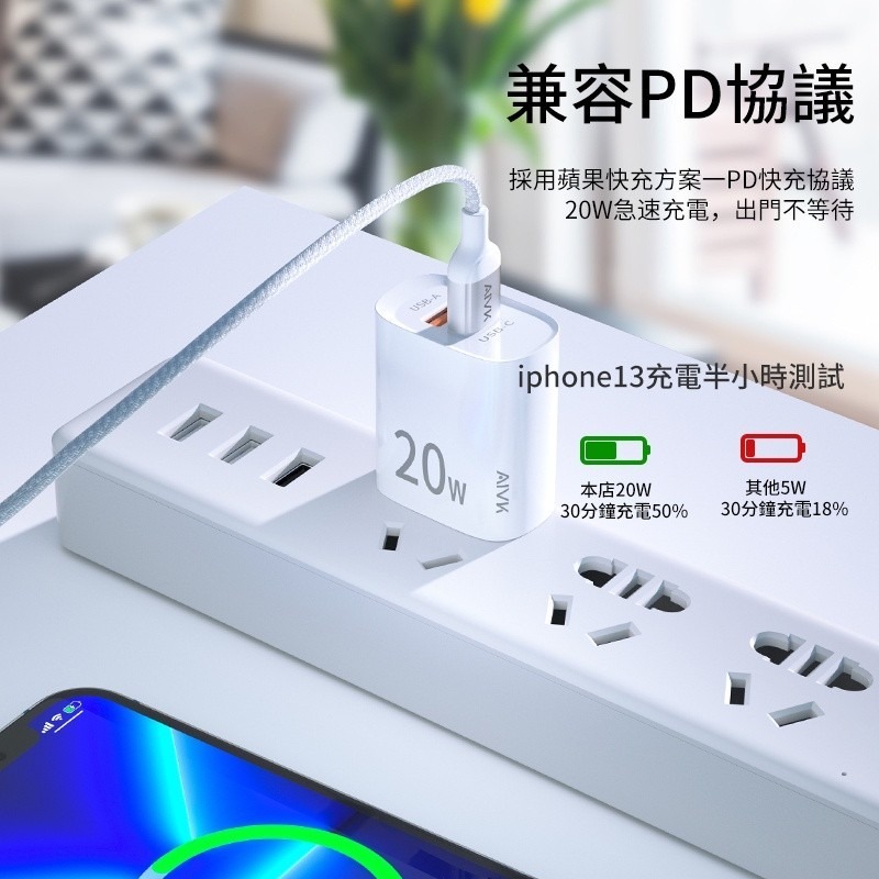 【送充電線】AIVK 20W PD雙孔快充組 充電頭+充電線 適用蘋果iPhone安卓QC3.0 BSMI:R3F032-細節圖6