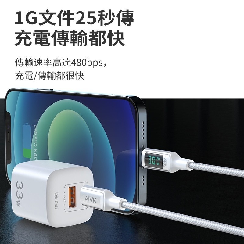 【台灣公司貨】Aivk數顯數據線 30W PD快充線 超級快充 傳輸線充電 線適用TYPE-C 蘋果 i12/i13-細節圖2