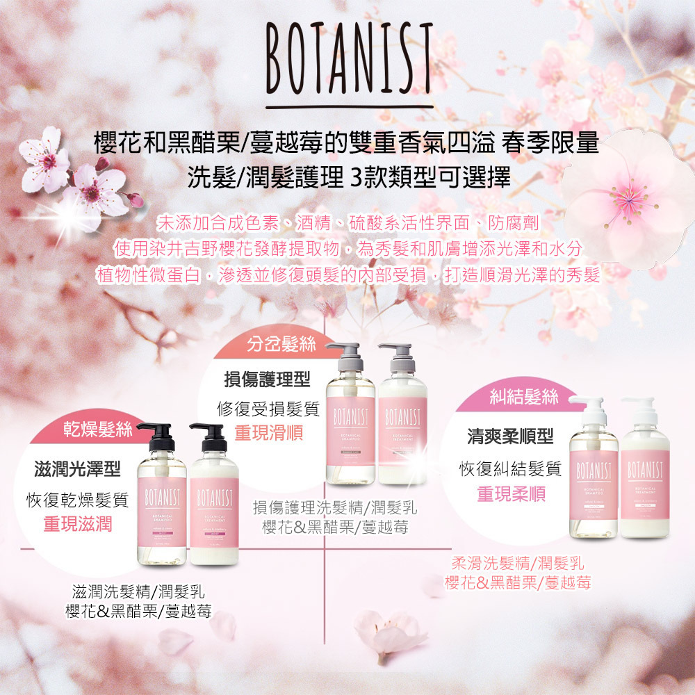 日本 Botanist 櫻花限定款 植物性 洗髮精 潤髮乳 490ml-細節圖2