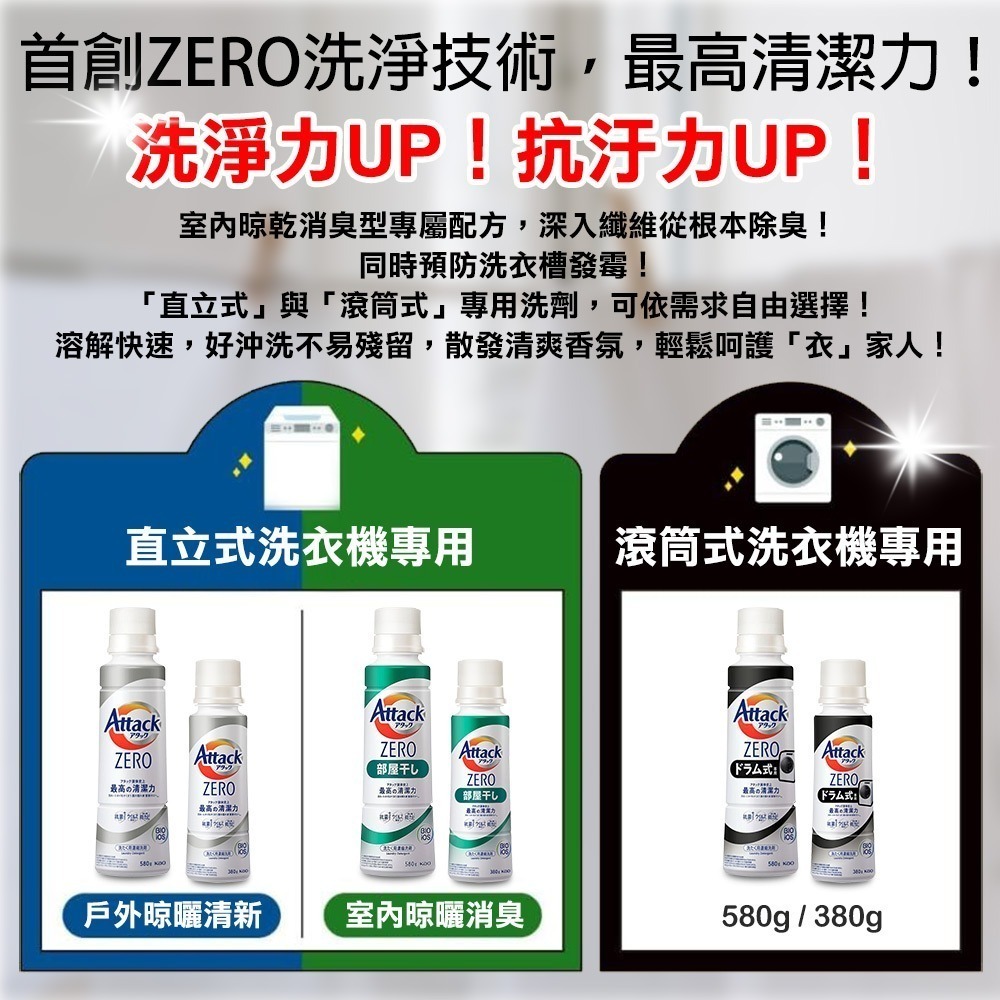 【限時購】日本 花王 Attack ZERO 超濃縮洗衣精 直立式 滾筒式 室內晾乾 消臭型 380g-細節圖3