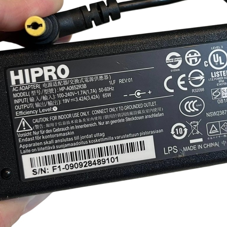 ❮二手❯ HIPRO 19V 3.42A 65W 電源供應器/變壓器 HP-A0652R3B 黃頭 筆電電源線 充電器-細節圖2