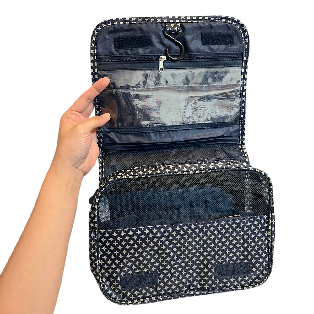 ❮全新❯ 韓國 iSFun3 旅行專用可掛多分隔盥洗包 藍紋 超級時尚花紋款式 分格放入多種行李 附有掛勾-細節圖4