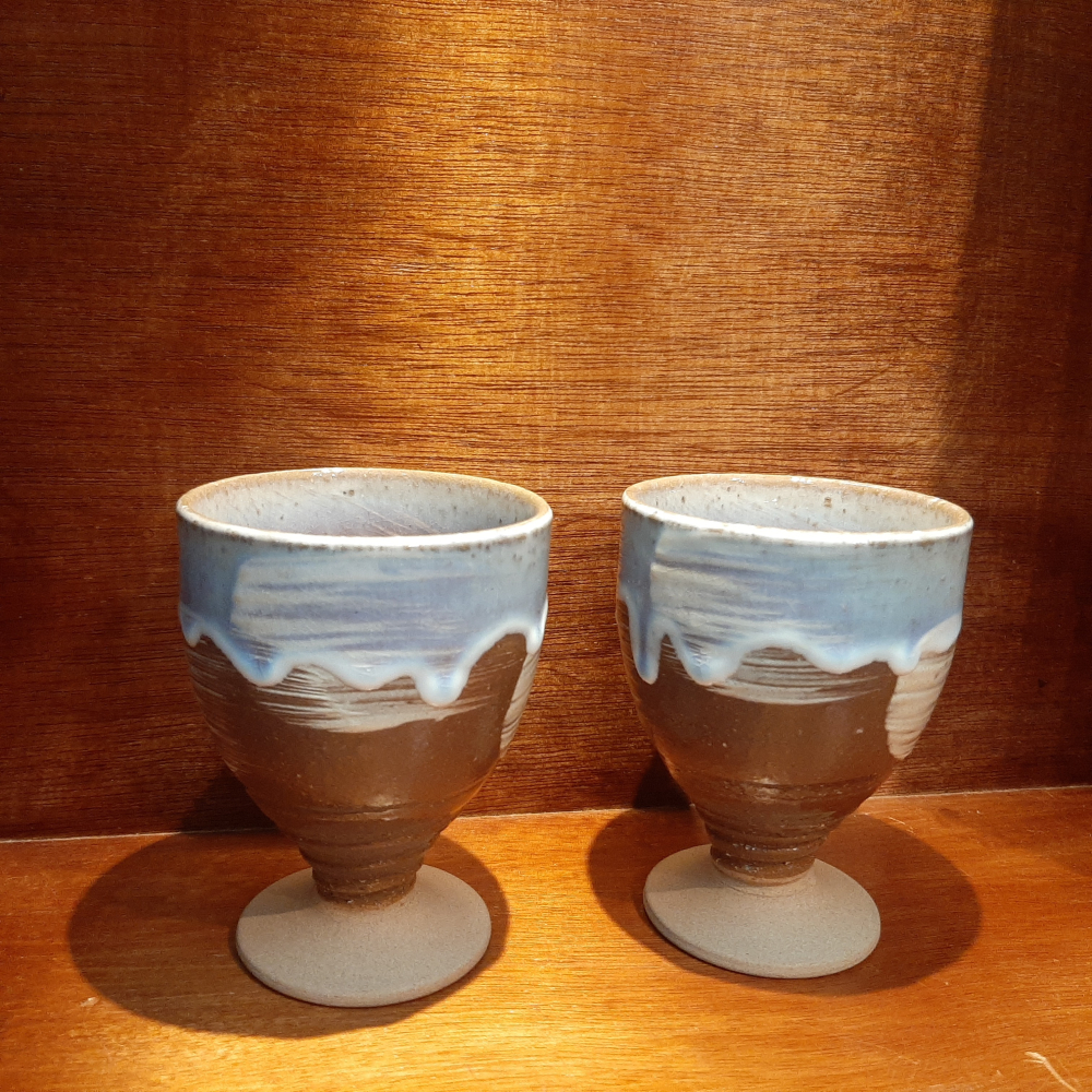 〔那那勇選品〕◇萩燒◇椿秀窯◇手刷流釉結晶高腳對杯  - 日本製 稀有款-細節圖2