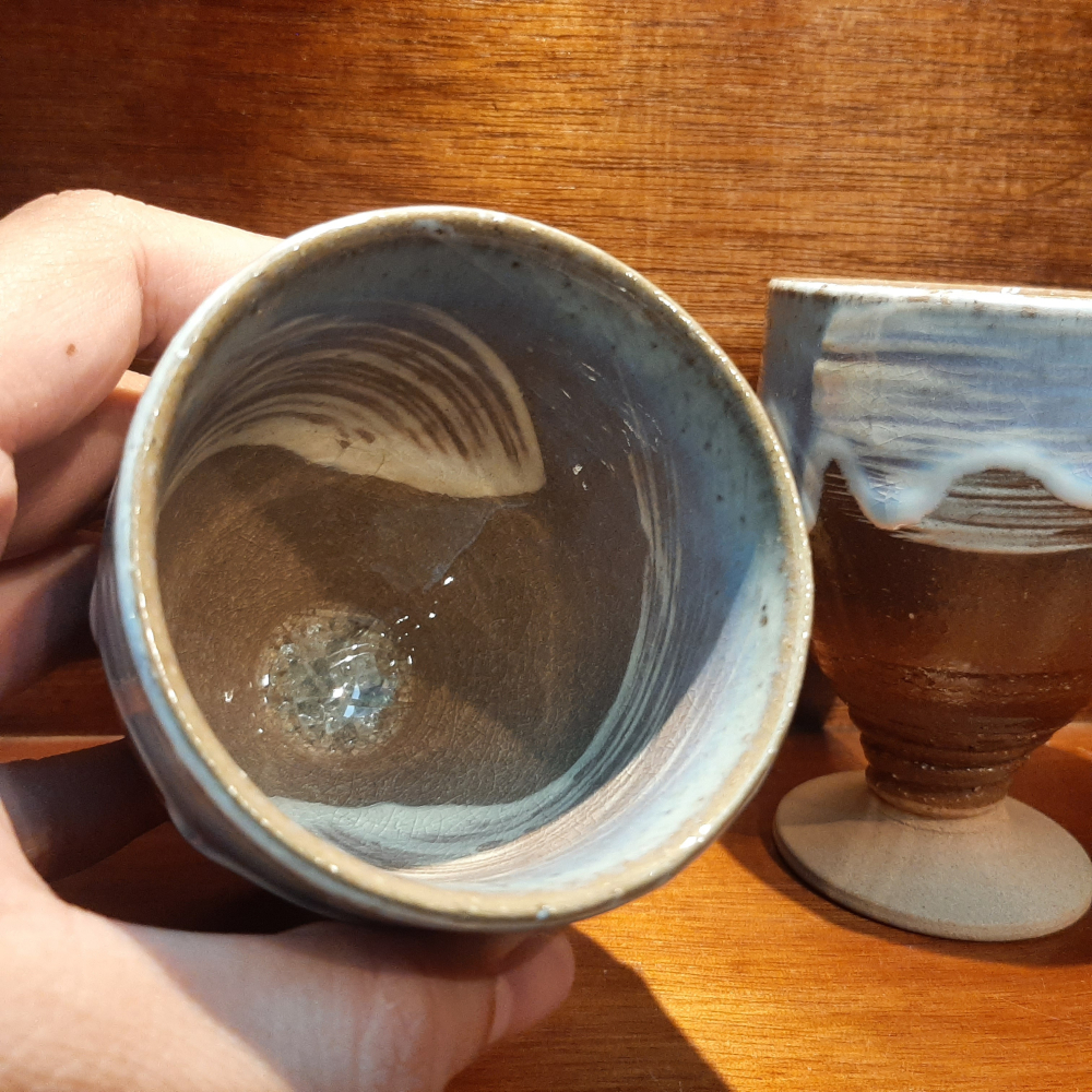 〔那那勇選品〕◇萩燒◇椿秀窯◇手刷流釉結晶高腳對杯  - 日本製 稀有款-細節圖4