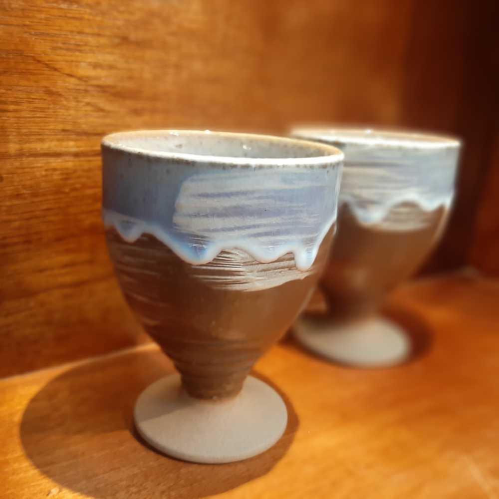 〔那那勇選品〕◇萩燒◇椿秀窯◇手刷流釉結晶高腳對杯  - 日本製 稀有款-細節圖6