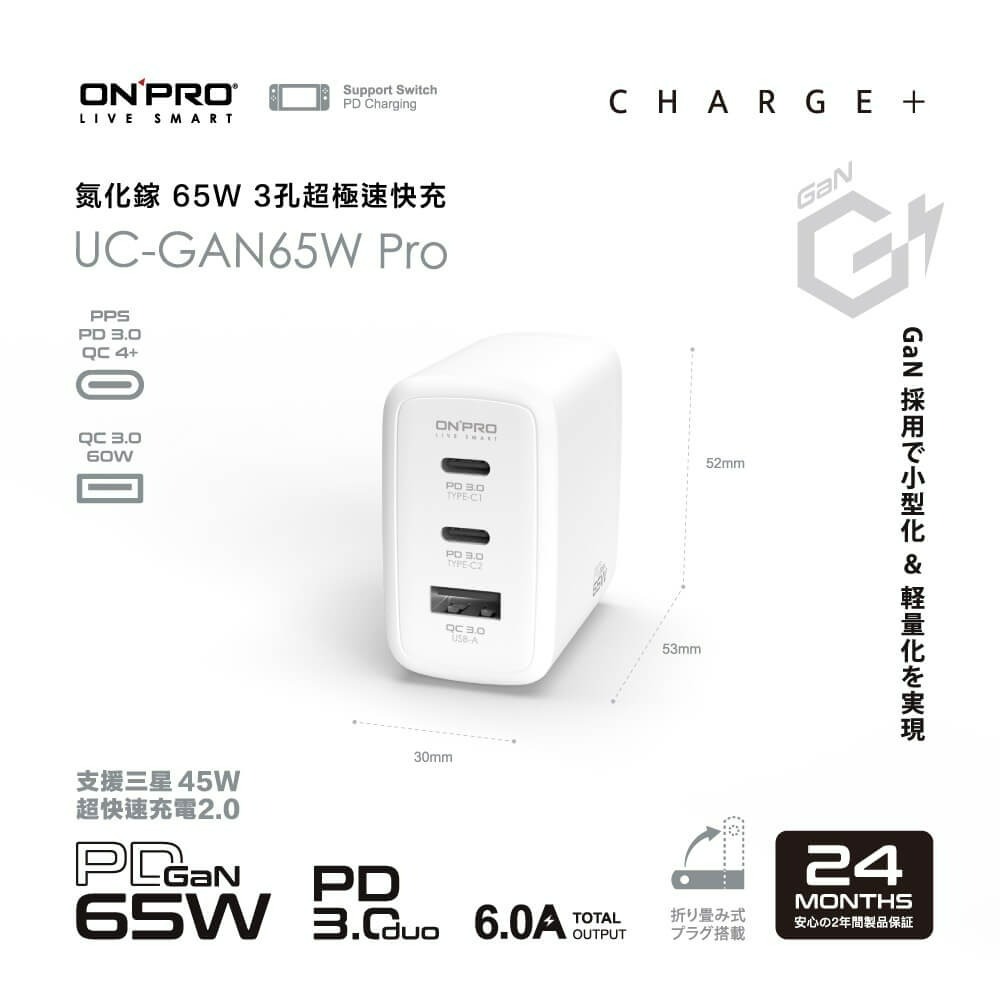 ONPRO UC-GAN65W PD65W PRO 3孔 氮化鎵GaN PD超急速充電器【Pro版】-細節圖3