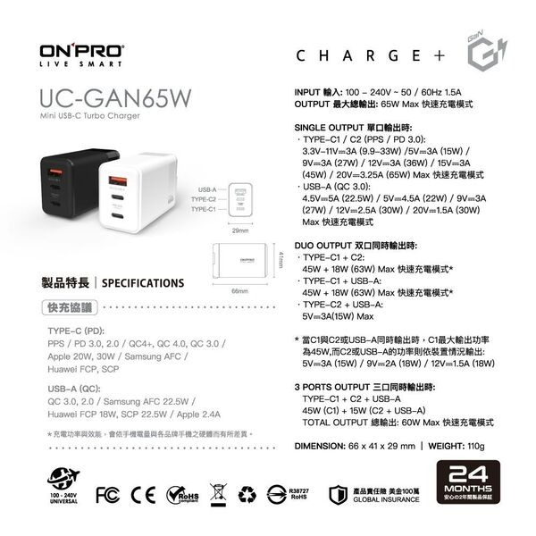 ONPRO UC-GAN65W 氮化鎵 PD65W + TypeC PD60W 150cm 編織線-細節圖4