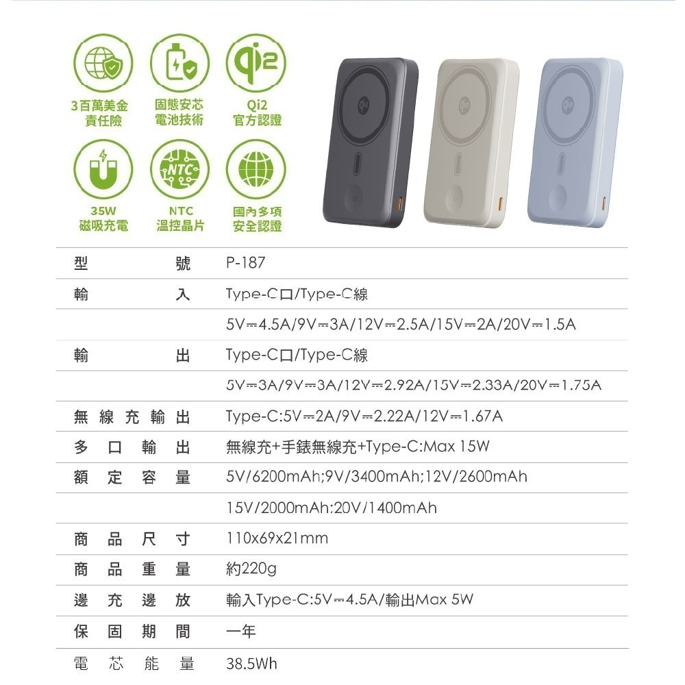 ACER 宏碁 Gadget 碁速充 10000mAh 35W Qi2五合一固態行動電源 P-187-細節圖3