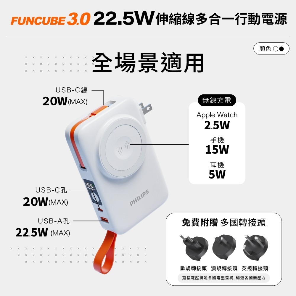 PHILIPS 飛利浦 FunCube 3.0系列 22.5W 伸縮線多合一行動電源 DLP4352C-細節圖2