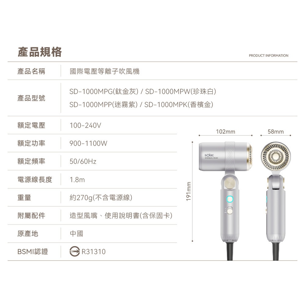 sOlac 國際電壓等離子高速吹風機 SD-1000 mini PRO-細節圖7