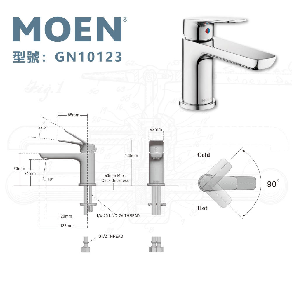 【CERAX 洗樂適衛浴】美國第一暢銷品牌MOEN YORK系列單孔單把手鉻色面盆龍頭(彈跳落水頭)(GN10121)-細節圖3