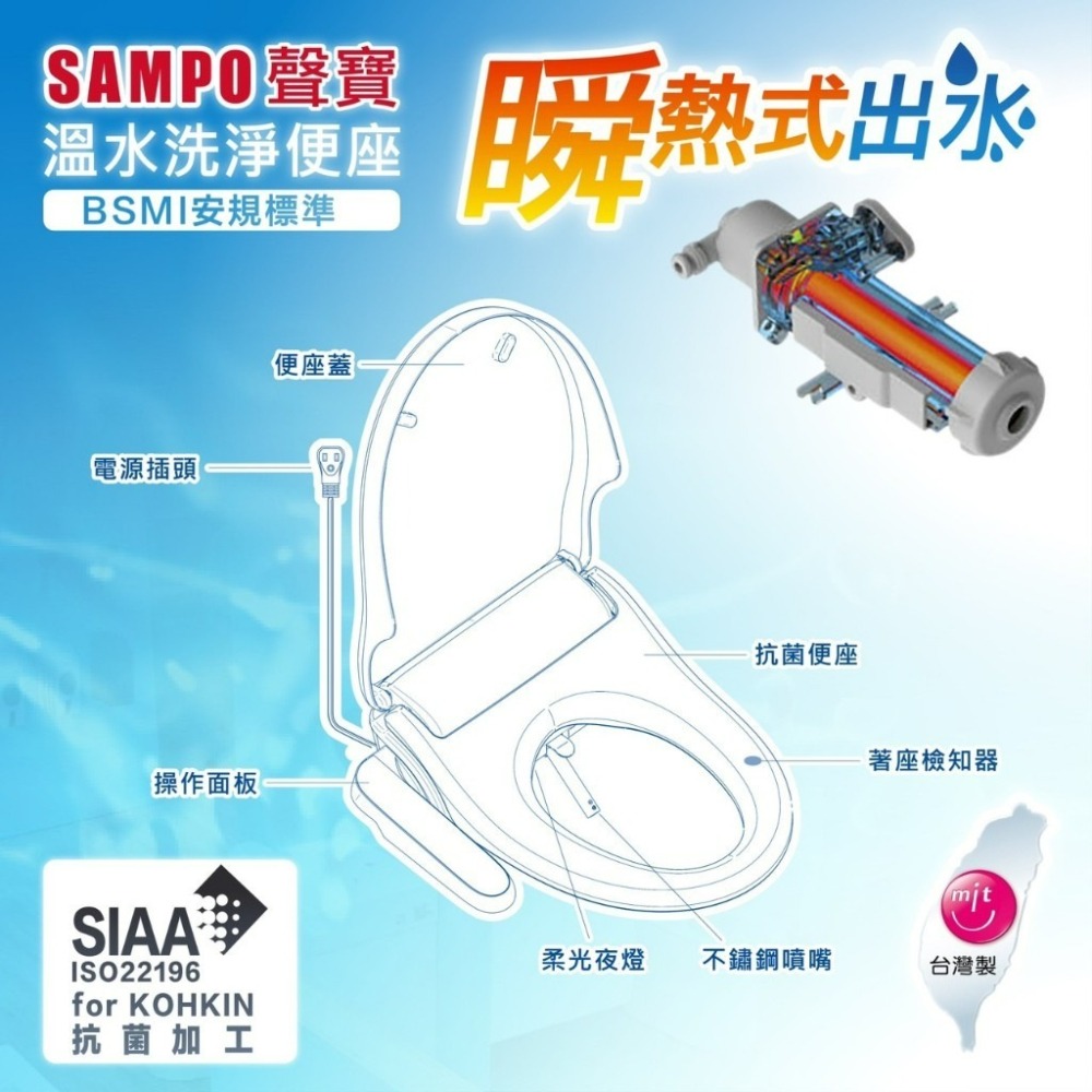 『洗樂適台南義林店』【SAMPO聲寶】台灣製 瞬熱式溫水洗淨便座 自動噴嘴清潔 免治馬桶蓋 馬桶蓋 免治(不含安裝)-細節圖3