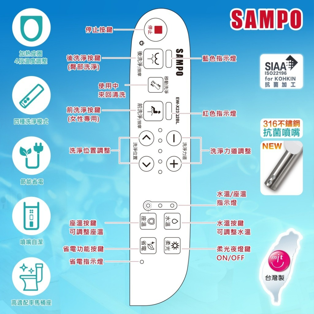 瞬熱式含安裝『洗樂適台南義林店』【SAMPO聲寶】台灣製 瞬熱式溫水洗淨便座 自動噴嘴清潔 免治馬桶蓋 馬桶蓋 免治-細節圖6