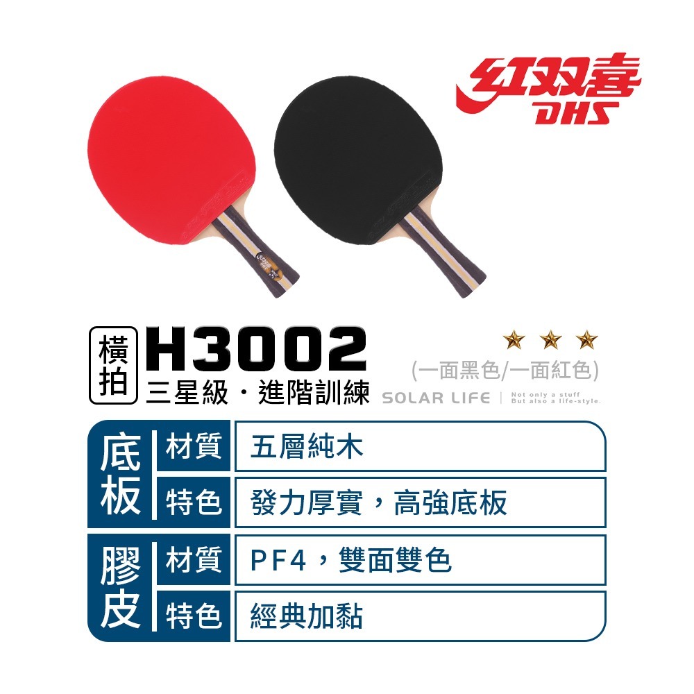 紅雙喜DHS 三星級桌球拍H3002(PF4雙面膠皮)/贈球拍套+6球.乒乓球拍 橫拍 膠皮球拍 負手板 桌球刀板-細節圖2