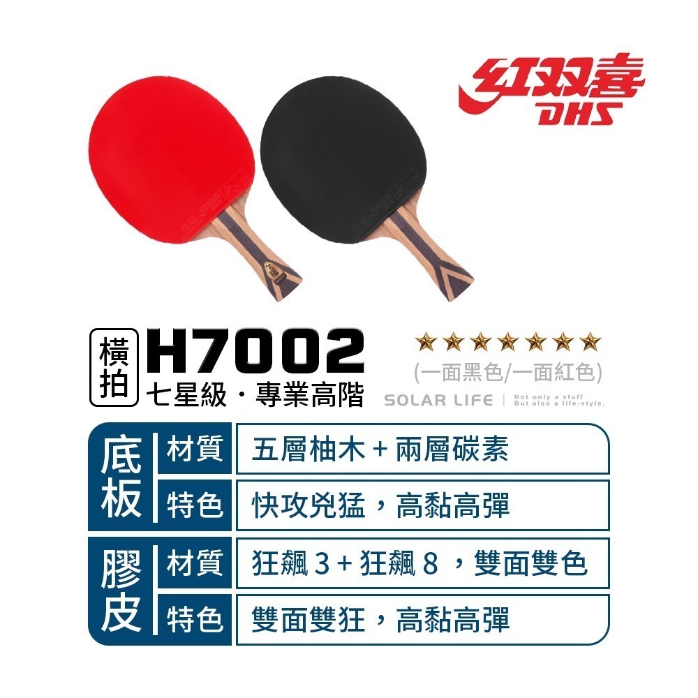 紅雙喜DHS 七星級柚木碳素桌球拍H7002(狂飆3+狂飆8)/贈球拍套+6球.乒乓球拍 橫拍 膠皮球拍 負手板 刀板-細節圖2
