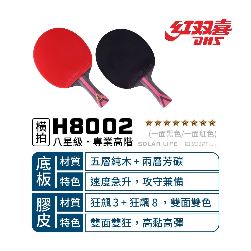 紅雙喜DHS 八星級芳碳纖維柚木桌球拍H8002(狂飆3+狂飆8)/贈球拍套+6球.乒乓球拍 橫拍 膠皮球拍 負手板-細節圖2