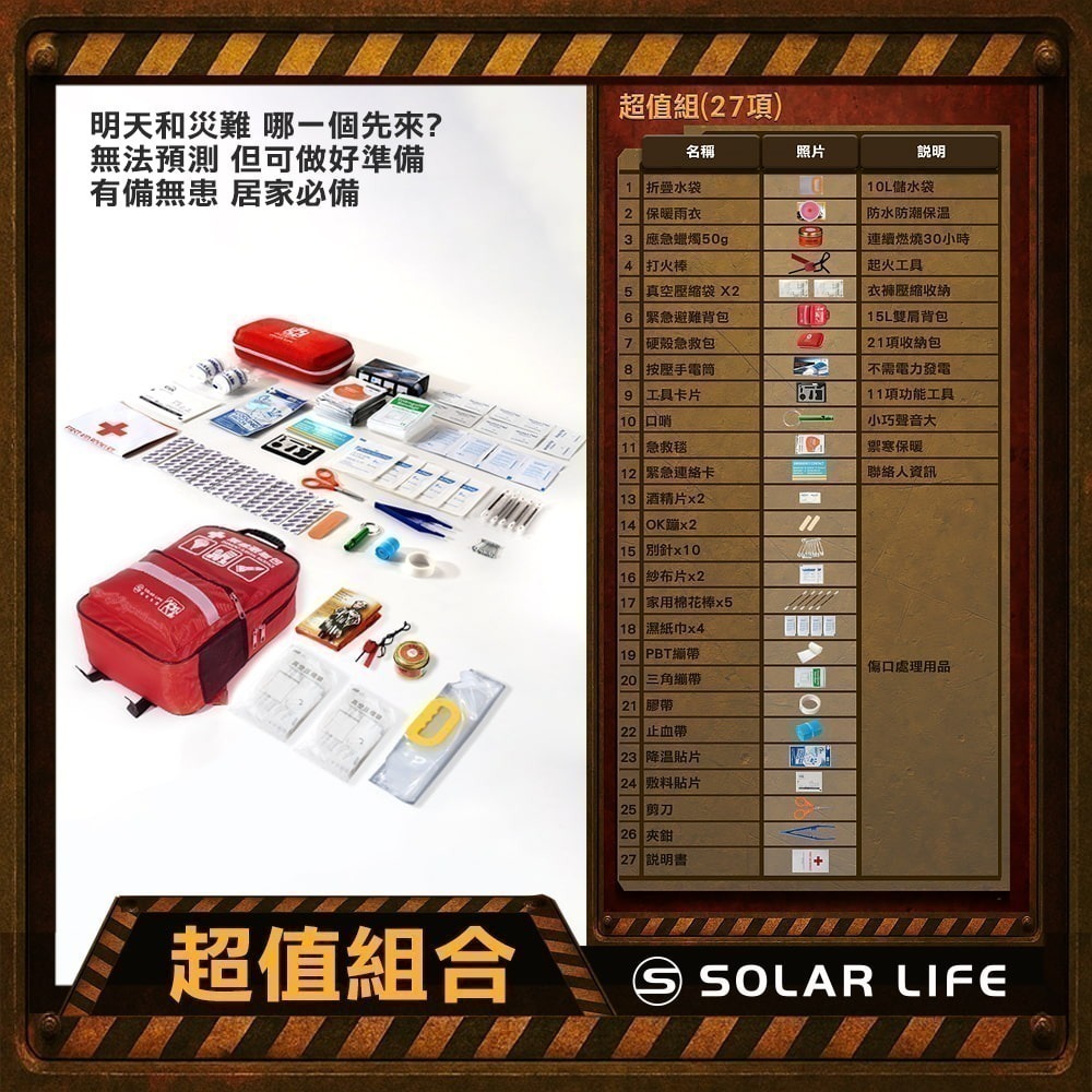 Solar Life 索樂生活 地震防災緊急避難包35入組.內政部緊急避難建議 颱風地震包 求生救援背包 醫療急救包-細節圖4