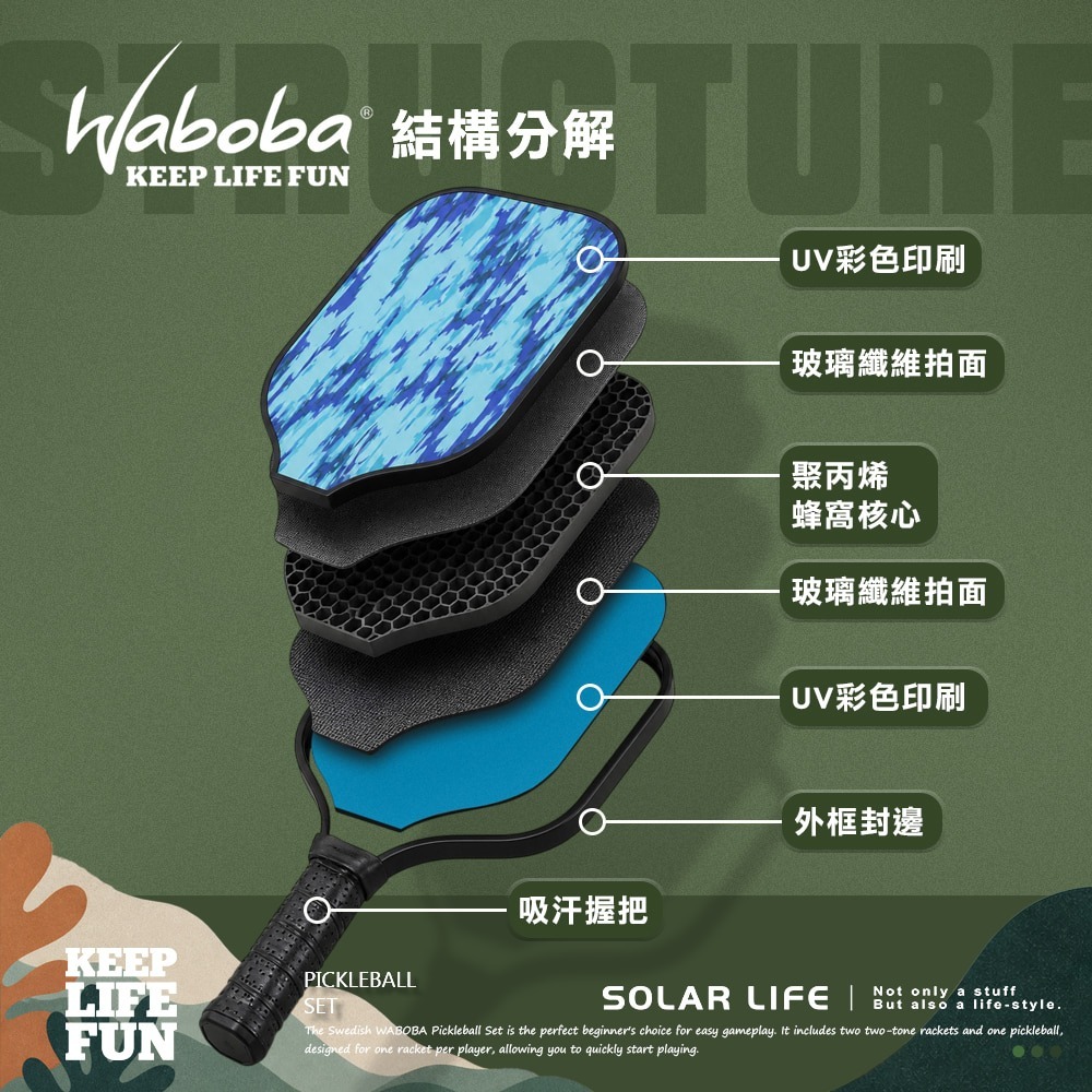 瑞典WABOBA Pickleball Set 匹克球組 (球拍2人+球).匹克球拍套組 入門球拍 兒童球拍 玻璃纖維-細節圖3