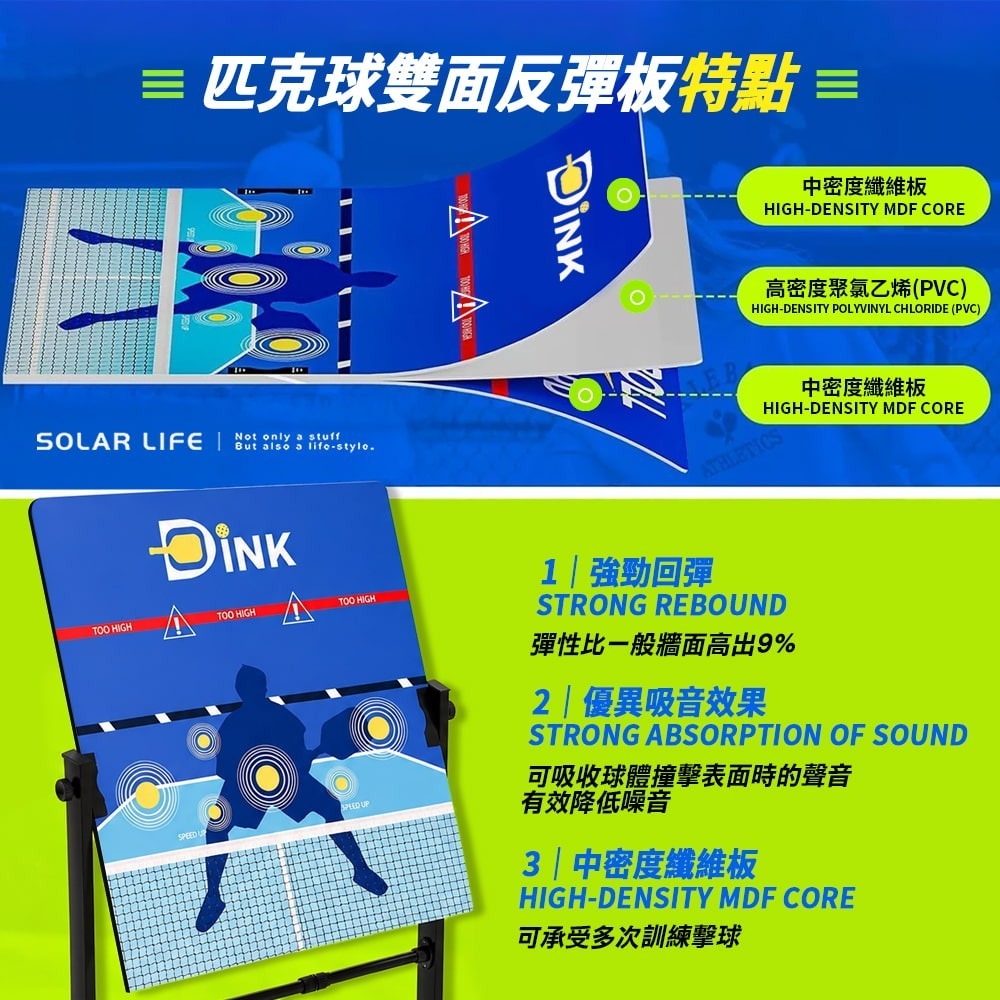Solar Life 索樂生活 匹克球雙面反彈板90x75cm.匹克球訓練 滾輪反彈板 丁克練習 球感提升 發球訓練-細節圖2