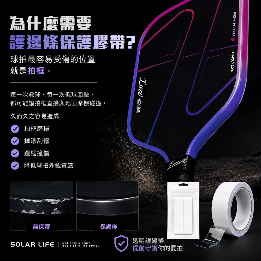 Solar Life 索樂生活 匹克球拍護邊條保護膠帶2入組.匹克球拍保護膠帶 TPU邊框保護 球拍防刮耐磨貼-細節圖2