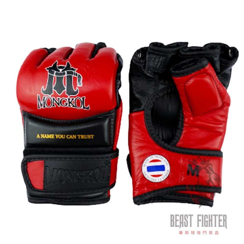 【畢斯特】MONGKOL 泰國品牌 紅色 L 現貨 MMA Pro 真皮 露指拳套 拇指包覆 自由搏擊 訓練 格鬥手套