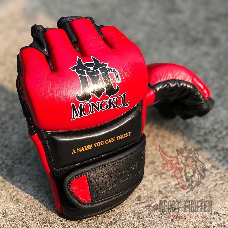 【畢斯特】MONGKOL 泰國品牌 紅色 L 現貨 MMA Pro 真皮 露指拳套 拇指包覆 自由搏擊 訓練 格鬥手套-細節圖4