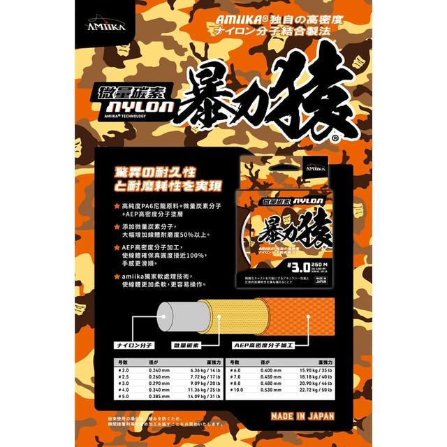 AMIKA 暴力猿 微量碳素 超耐磨 NYLON 尼龍線 250M #2.5~#6.0 日本原裝進口-細節圖3