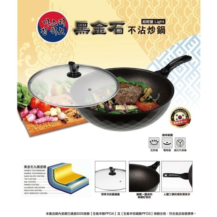 現貨免運公司貨【黑金石不沾炒鍋 31cm 35.5cm KOR-31W KOR-36W】SGS檢驗 無毒 韓國製-細節圖3