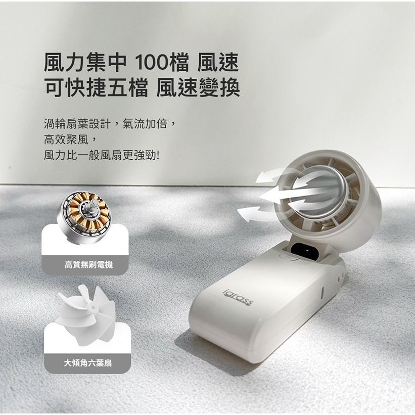 最新款公司貨保固✨【igrass 折疊制冷式強力靜音風扇 IGS057】冰鎮 LED電量 風力顯示 手持風扇 掛頸 充電-細節圖5
