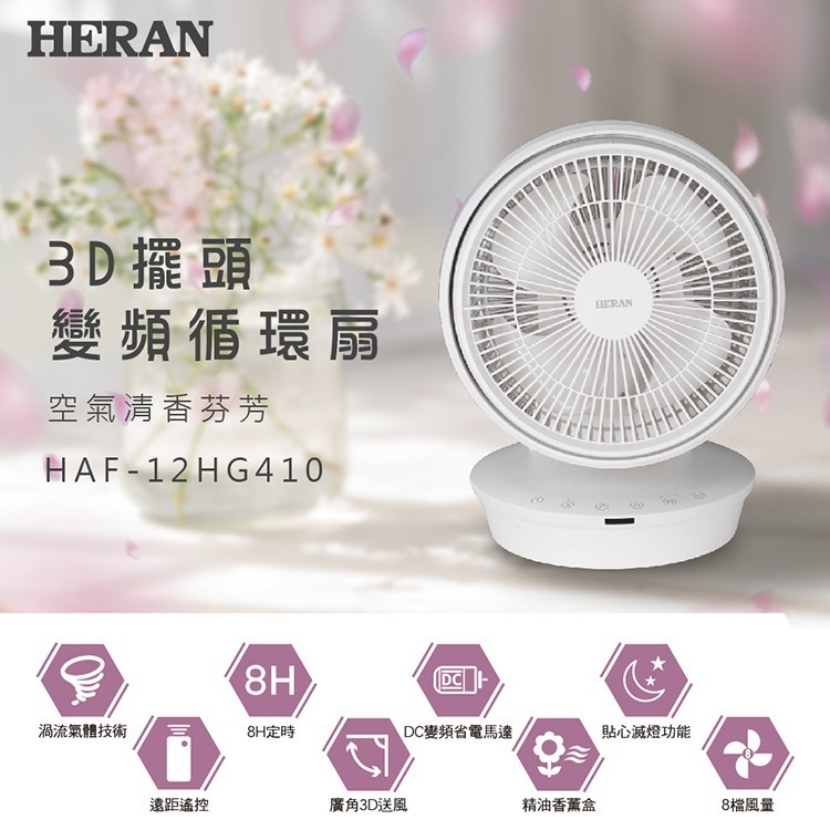 公司貨保固免運✨【HERAN 禾聯 12吋 3D擺頭DC渦流扇 HAF-12HG410】遙控 可拆洗 可用精油 定時-細節圖2
