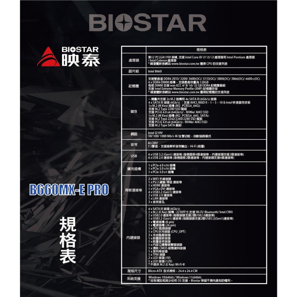~協明~ BIOSTAR 映泰 B660MX-E PRO 主機板 / 1700腳位 B660 DDR4 全新三年保固-細節圖6