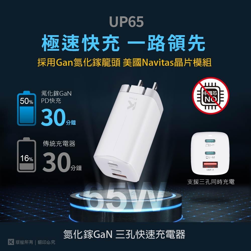 ~協明~ kt.net UP65 GaN氮化鎵3口1A2C PD65W PD+QC快速充電器-細節圖3