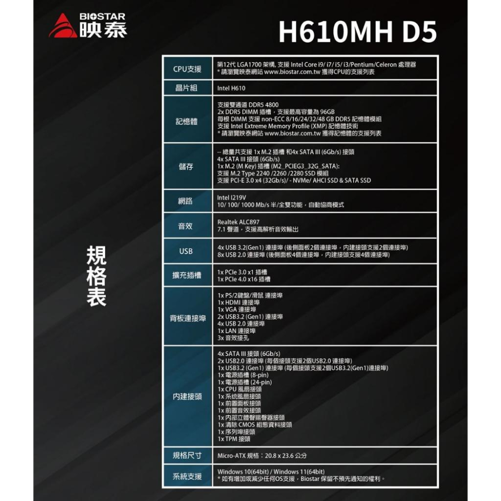 ~協明~ BIOSTAR 映泰 H610MH D5 主機板 / 1700腳位 H610 DDR5 全新三年保固-細節圖5