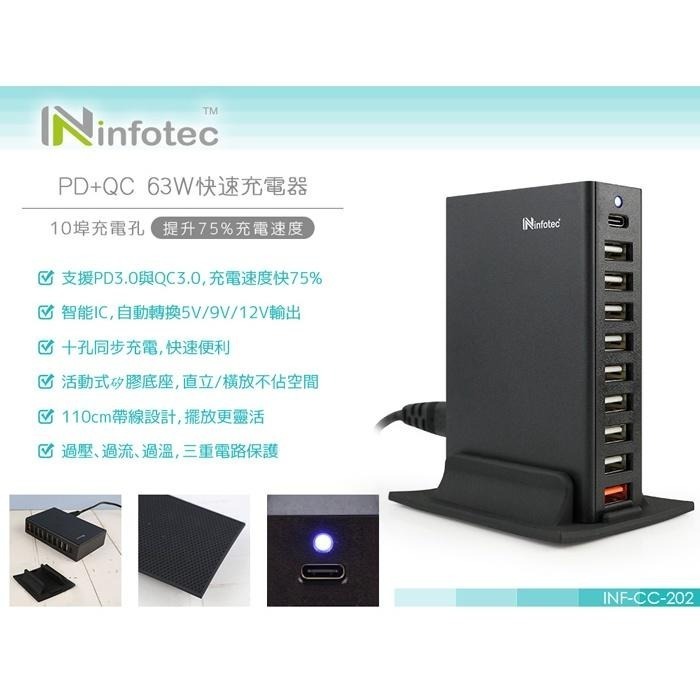 ~協明~ infotec CC-202 桌面型 PD+QC 10埠63W快速充電器 十孔同步充電，快速便利-細節圖3