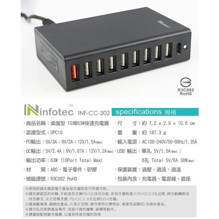 ~協明~ infotec CC-202 桌面型 PD+QC 10埠63W快速充電器 十孔同步充電，快速便利-細節圖6