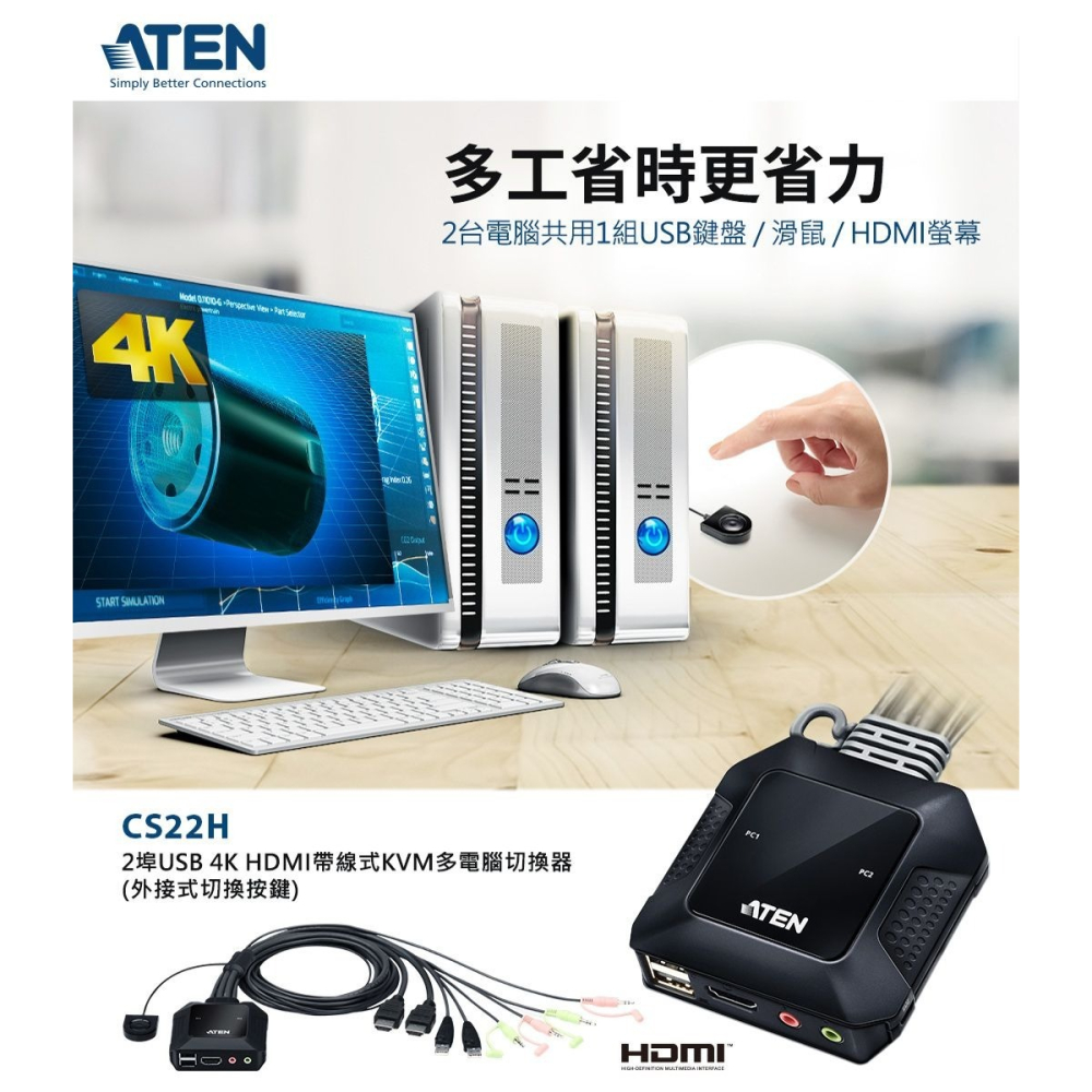 ~協明~ ATEN 2埠USB 4K HDMI帶線式KVM多電腦切換器 CS22H-細節圖2