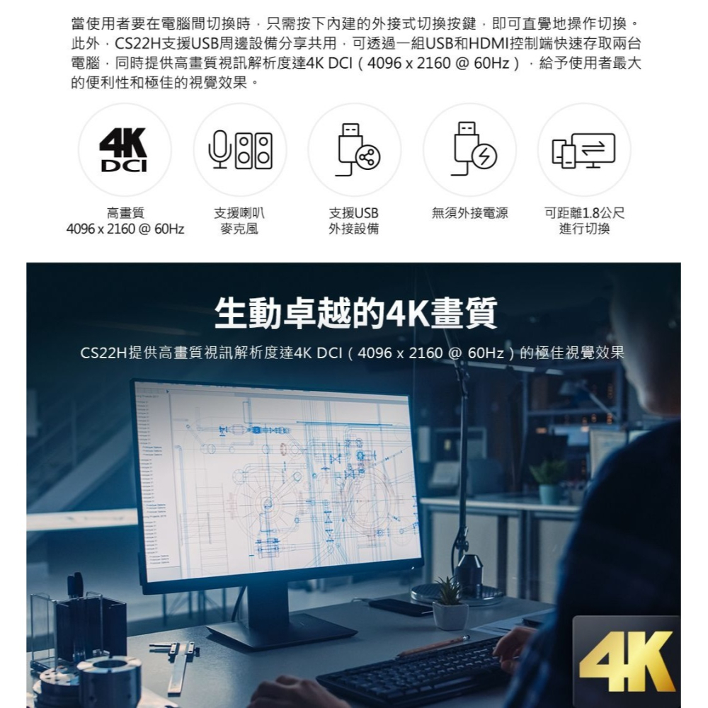 ~協明~ ATEN 2埠USB 4K HDMI帶線式KVM多電腦切換器 CS22H-細節圖3