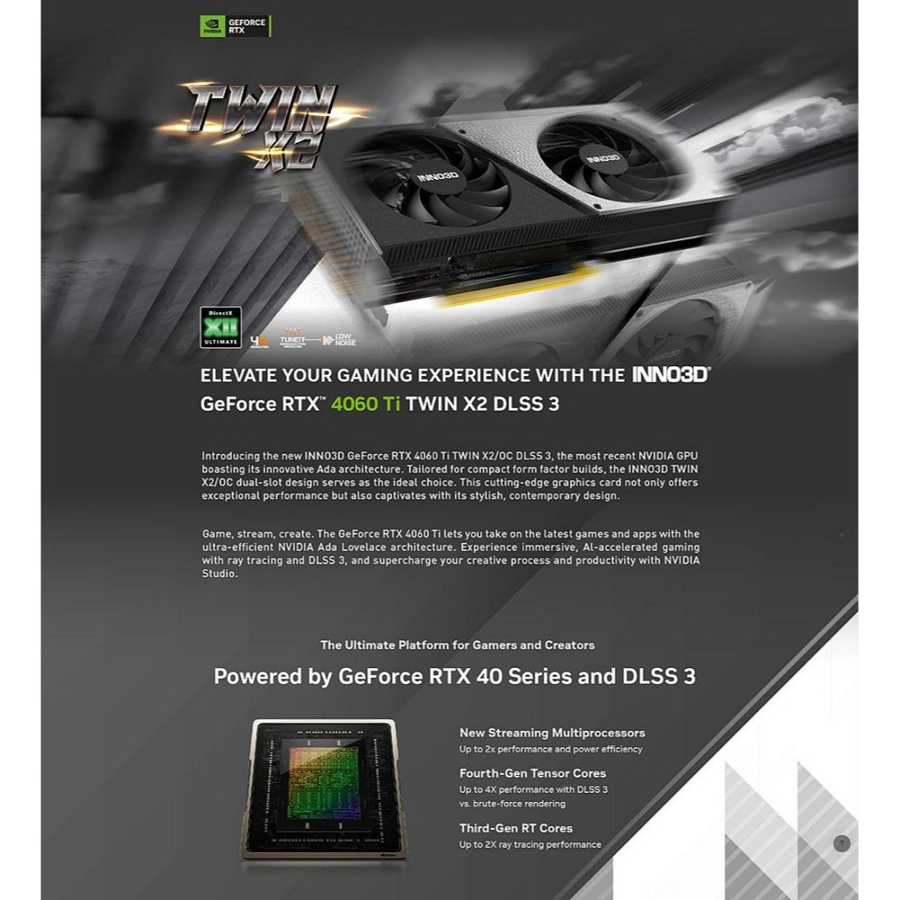 ~協明~ INNO3D RTX 4060 Ti 8GB TWIN X2 顯示卡 雙風扇設計 全新註冊四年保固-細節圖2