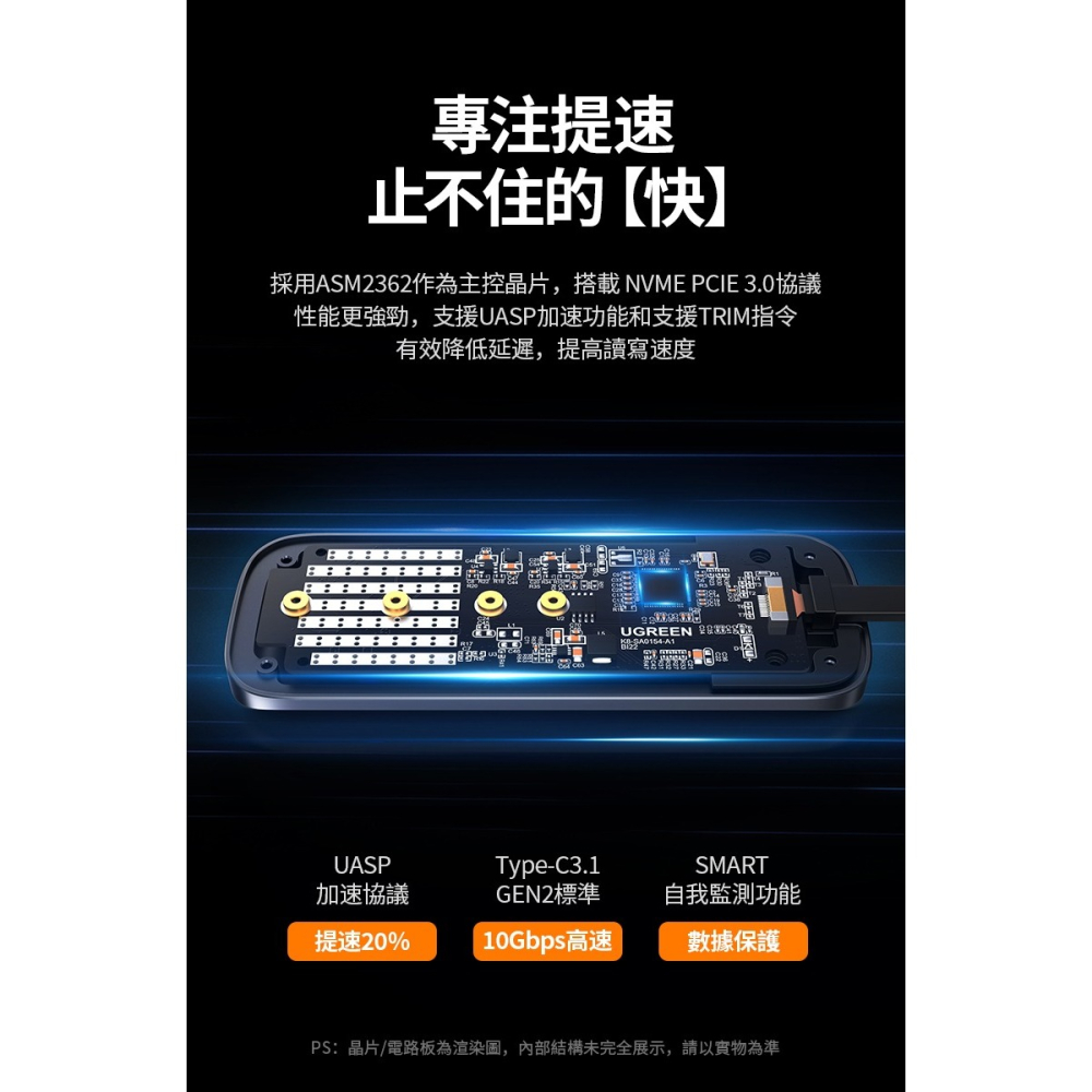 ~協明~ 綠聯 Type-C/USB3.1 M.2硬碟外接盒 10Gb NVMe鯊魚鰭收線版 70691-細節圖5