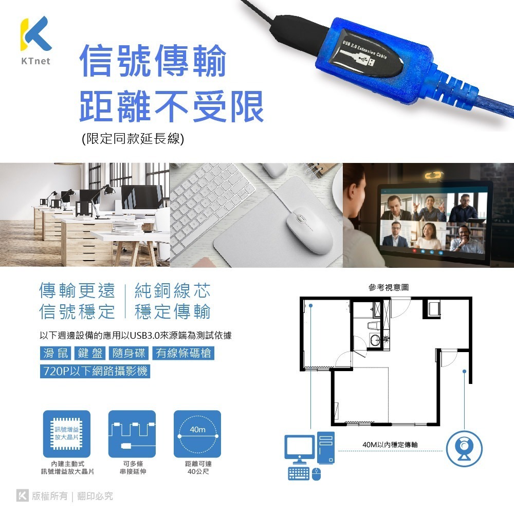 ~協明~ kt KUE210 USB2.0公母單晶片訊號延長線 5米 10米-細節圖3