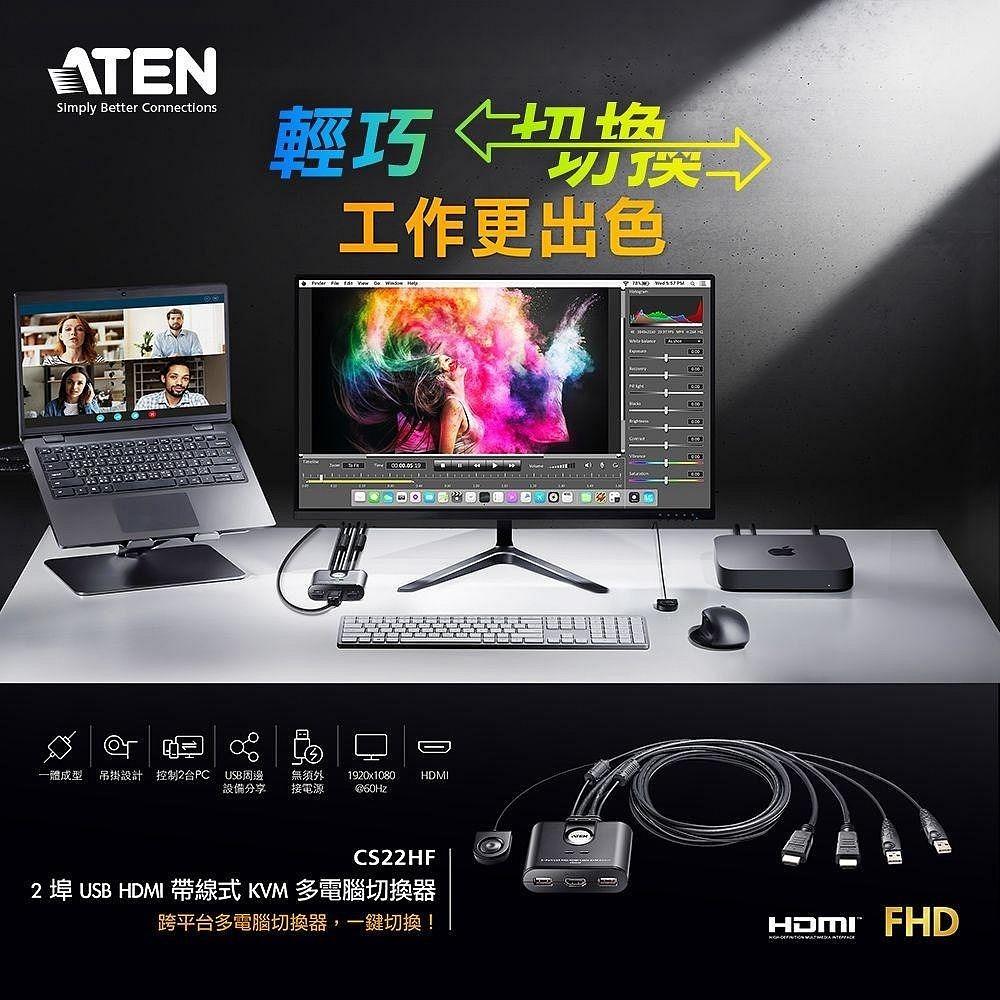 ~協明~ ATEN 2-Port USB FHD HDMI 帶線式KVM多電腦切換器 CS22HF-細節圖5