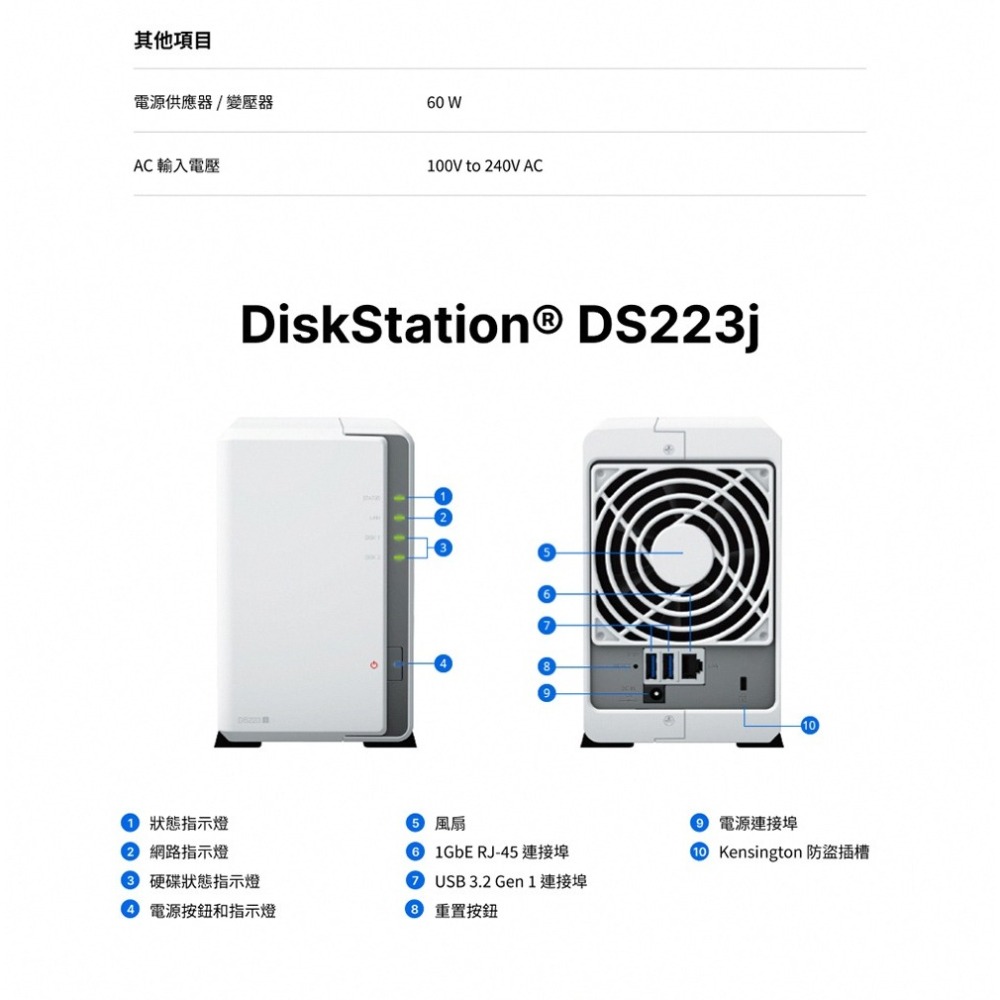 Synology 群暉 DS223j (2Bay/Realtek/1GB) NAS 網路儲存伺服 加送500G*2-細節圖4