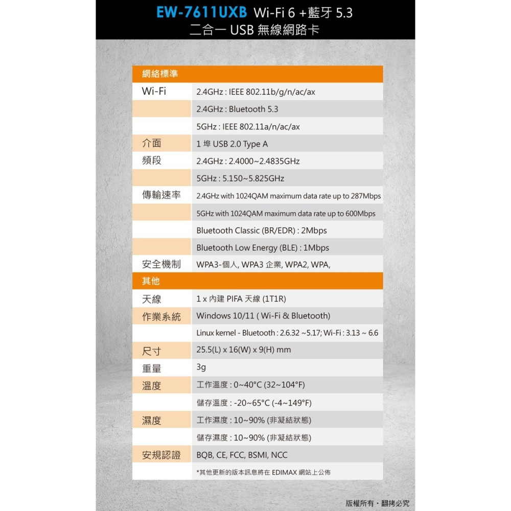 ~協明~ EDIMAX 訊舟 7611UXB Wi-Fi6+藍牙5.3 二合一USB無線網路卡-細節圖9