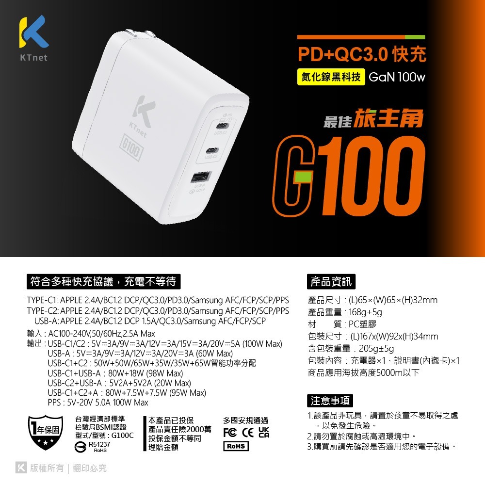 ~協明~ G100 氮化鎵2C1A 100W全電壓充電器-細節圖8