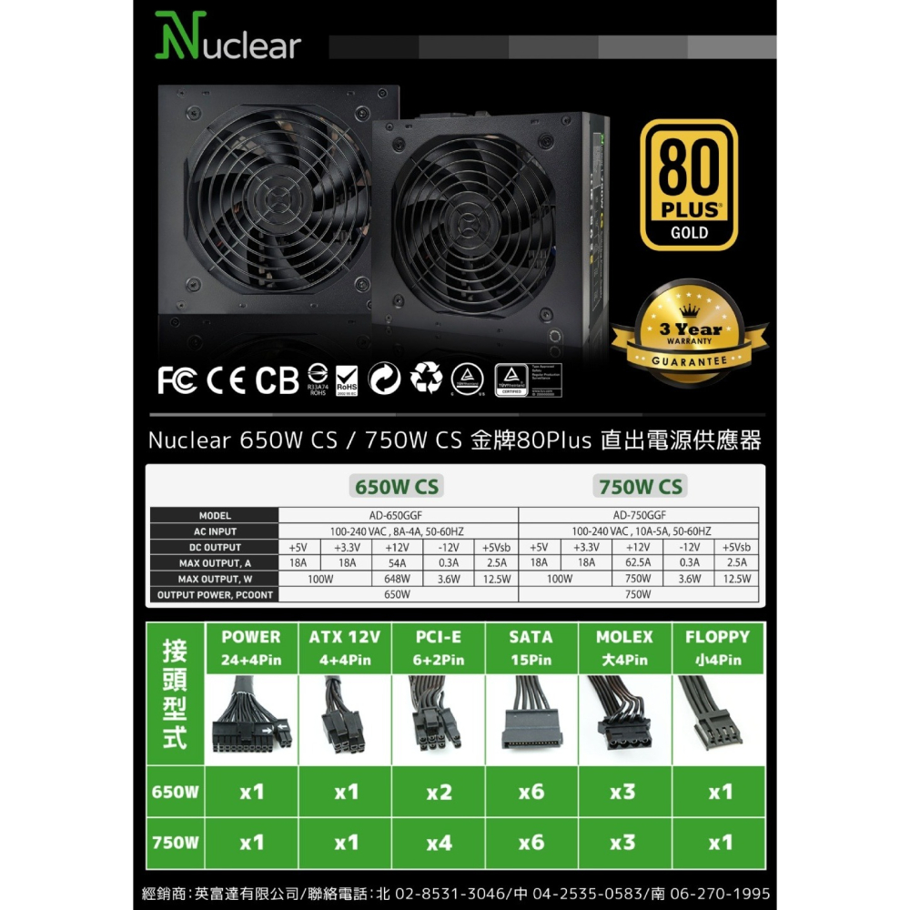 ~協明~ Nuclear 750W CS 金牌80Plus 直出電源供應器-細節圖9